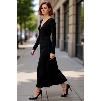 Kadın A Line Kesim V Yaka Büzgü Detaylı Uzun Kollu Maxi Örme Elbise Kış Şıklığına Özel Kaliteli