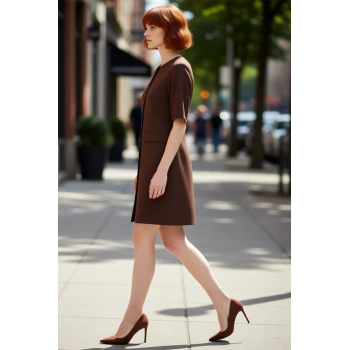 Kadın A Line Kısa Kol Dokuma Mini Elbise Düğme Detaylı Düz Kesim Ofis ve Günlük Şıklığı İçin İdeal
