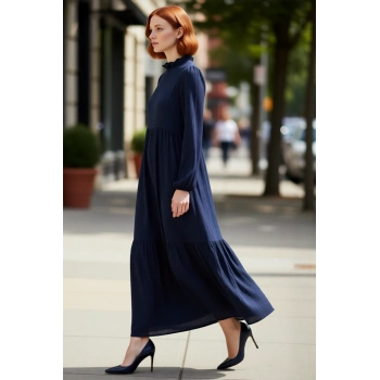 Kadın A line Krinkıl Dokuma Maxi Elbise Dik Yaka Uzun Kollu Rahat ve Şık Günlük Kombinler İçin İdeal