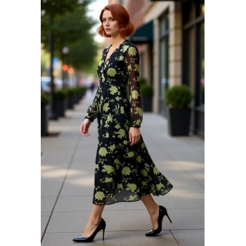 Kadın A Line Kruvaze V Yaka Çiçek Desenli Uzun Kollu Midi Şifon Elbise Bahar Yaz Şıklığı Kaliteli