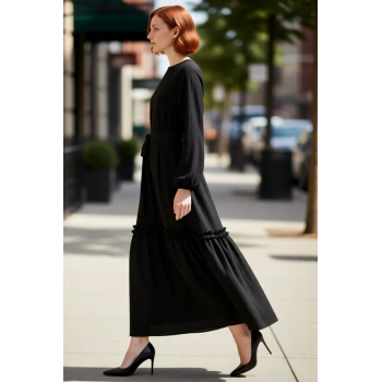 Kadın A Line Kuşaklı Krinkıl Dokuma Maxi Elbise Modern Bisiklet Yaka Uzun Kollu Şık Tasarım