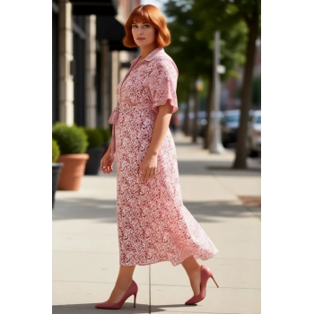 Kadın A Line Kuşaklı Maxi Boy Gömlek Yaka Kısa Melek Kol Soyut Desenli Viskon Elbise İlkbahar Yaz