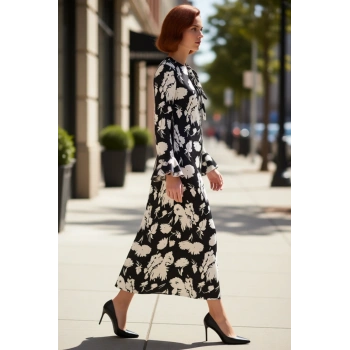Kadın A line Maxi Boy Çiçekli Desenli Fiyonklu Bisiklet Yaka İspanyol Kol Dokuma Elbise Kaliteli