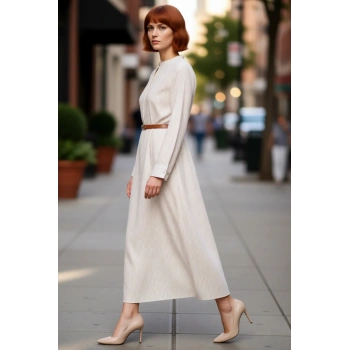 Kadın A line Maxi Boy Çizgili Kemer Detaylı Dokuma Elbise Hakim Yaka Uzun Kollu Günlük Kombinler