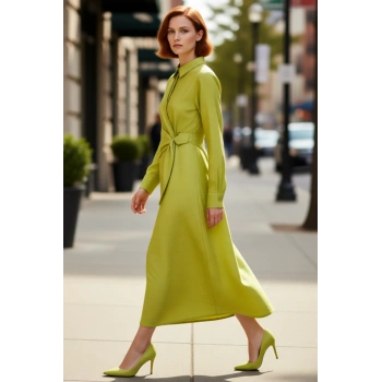 Kadın A Line Maxi Boy Dokuma Elbise Gömlek Yaka Standart Kol Belden Bağlama Detaylı İlkbahar