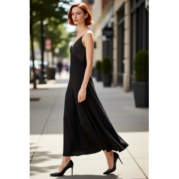 Kadın A line Maxi İnce Askılı V Yaka Şık Gece Elbisesi Zarif Örme Astarsız Düz Tasarım Kaliteli