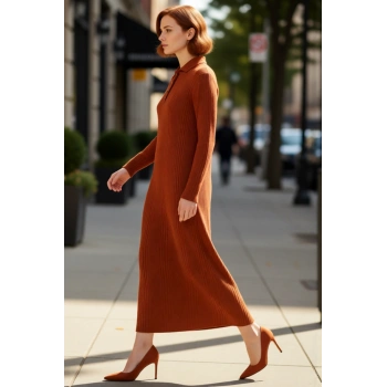 Kadın A Line Maxi Triko Elbise Polo Yaka Uzun Kollu Ribana Düz Desen Yarım Patlı Rahat Günlük Kış