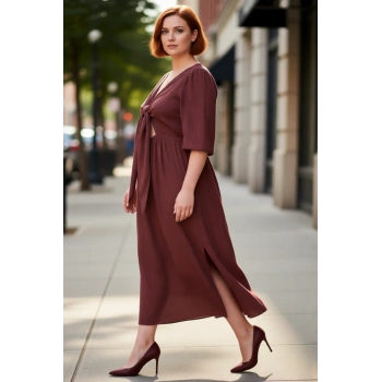 Kadın A Line Midi Boy Truvakar Balon Kollu V Yaka Dokuma Elbise İlkbahar Sonbahar Günlük Şıklık