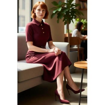 Kadın A Line Midi Elbise Polo Yaka Kemer Detaylı Yarım Pat Düğmeli Standart Kollu İnterlok Şıklığı