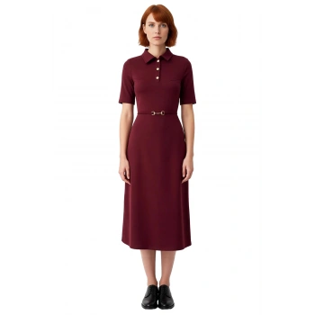 Kadın A Line Midi Elbise Polo Yaka Kemer Detaylı Yarım Pat Düğmeli Standart Kollu İnterlok Şıklığı