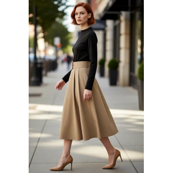 Kadın A Line Midi Renk Bloklu Kemerli Bisiklet Yaka Örme Elbise Günlük Şıklık Sunar Kaliteli