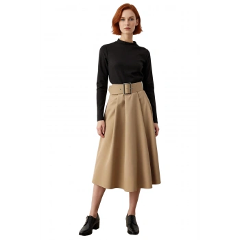 Kadın A Line Midi Renk Bloklu Kemerli Örme Elbise Bisiklet Yaka Tasarımıyla Soğuklarda İdeal