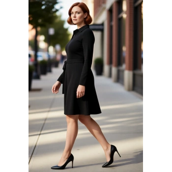 Kadın A line Polo Yaka Örme Büyük Beden Uzun Kollu Mini Elbise Şık ve Konforlu Günlük Kullanım İçin