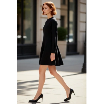 Kadın A Line Siyah Denim Mini Elbise Bisiklet Yaka Standart Uzun Kollu Şık Günlük Stile Uygun