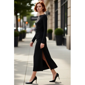 Kadın A Line Uzun Kollu Midi Elbise Dantel Detayıyla Şık Kış Akşamları İçin İdeal Seçim. Kaliteli