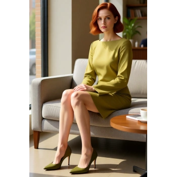 Kadın A Line Yeşil Kayık Yaka Uzun İspanyol Kollu Mini Dokuma Kışlık Elbise Şık Görünüm Sunar