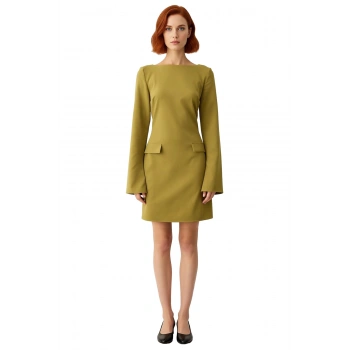 Kadın A Line Yeşil Kayık Yaka Uzun İspanyol Kollu Mini Dokuma Kışlık Elbise Şık Görünüm Sunar