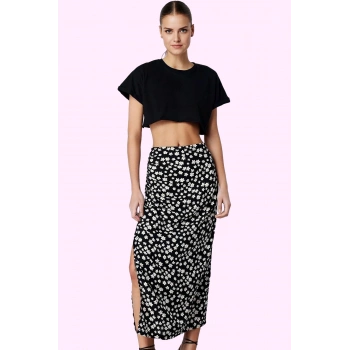 Kadın A line Yırtmaçlı Kemerli Yazlık Etek Viskoz Dokuma Kumaş Çiçek Desenli Günlük Kullanım