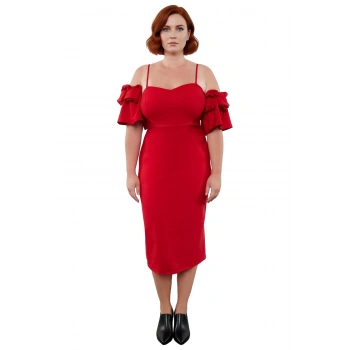 Kadın Abiye Bodycon Elbise Astarlı Midi Boy İnce Askılı Fırfırlı Kol Şık Kokteyl ve Mezuniyet