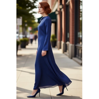 Kadın Abiye Maxi Elbise Asimetrik Yakalı Düğme Detaylı Uzun Kollu Astarlı Parti Şıklığı Kaliteli