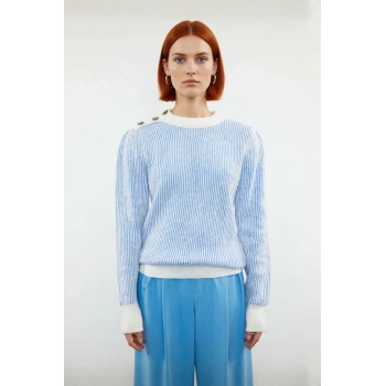 Kadın Açık Mavi Çizgili Düğme Detaylı Bisiklet Yaka Uzun Kollu Triko Kazak Günlük Kombinler İçin Şık