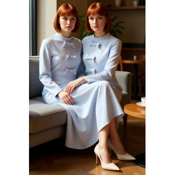 Kadın Açık Mavi Maxi Boy Düz Desen Dokuma Kurdele Detaylı Skater Siluet Uzun Kollu Elbise Kaliteli