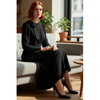 Kadın Aerobin Dokuma Fiyonk Detaylı Maxi Boy Balık Kalıp Uzun Kollu Bisiklet Yaka Düz Elbise