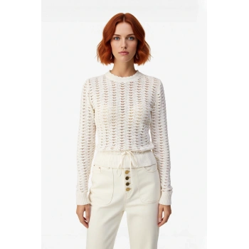 Kadın Ajurlu Fitted Bisiklet Yaka Büzgülü Kollu İnce Triko Kazak İlkbahar Sonbahar Şıklığına Özel