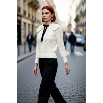 Kadın Ajurlu İnci İşlemeli Fular Yaka Regular Kalıp Triko Kazak Uzun Kollu Soğuk Hava Şıklığı Sunar