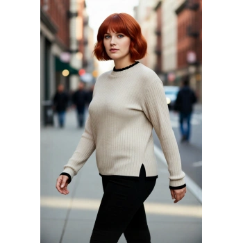 Kadın Akrilik Fitted Kesim Dik Yaka Fitilli Triko Kazak Standart Kol Günlük Rahatlık İçin İdeal