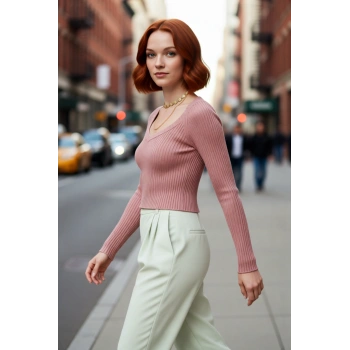 Kadın Akrilik Materyal Düz Desen Uzun Kollu V Yaka Fitted Crop Triko Kazak Kışlık Kombinlerinize