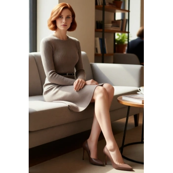 Kadın Akrilik Mini Elbise A line Kesim Kemerli Bisiklet Yaka Uzun Kol Fitilli Kış Günlük Şıklık