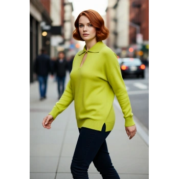 Kadın Akrilik Relaxed Fit Düz Triko Kazak Polo Yaka Detaylı Uzun Kollu Modern Casual Giyim