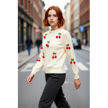 Kadın Akrilik Triko Bisiklet Yaka Nakışlı Uzun Kollu Regular Kazak Kış Günleri İçin Konforlu Stil