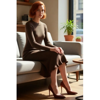 Kadın Akrilik Triko Bodycone Midi Elbise Bisiklet Yaka Uzun Kol Düz Desenli Günlük Rahat Şıklık