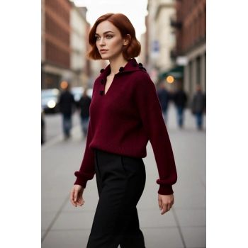 Kadın Akrilik Triko Selanik Dokuma Devrik Yaka Gül Aksesuarlı Uzun Kollu Rahat Kışlık Kazak