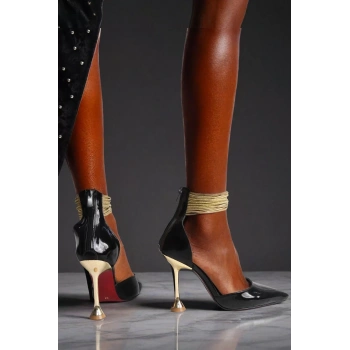 Kadın Altın Bileklikli Çan Topuklu Ayakkabı Sivri Burun Abiye Ayakkabı