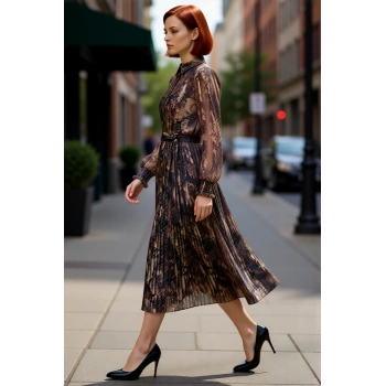 Kadın Animal Desenli Şifon Dokuma Midi Elbise Skater Kalıp Astarlı Gömlek Yaka Balon Kol Gipeli