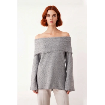 Kadın Antrasit Dokulu Regular Kalıp Carmen Yaka Triko Kazak Kışlık Standart Kol Rahat Giyim