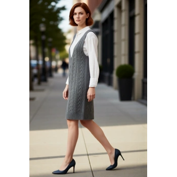 Kadın Antrasit Saç Örgü V Yaka Kolsuz Triko Jile Elbise İlkbahar Sonbahar Günlük Şıklık Kaliteli