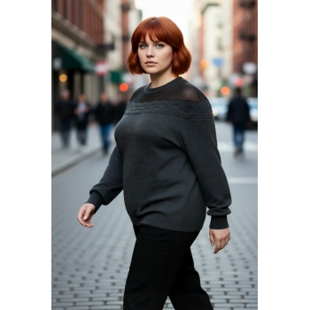 Kadın Antrasit Triko Kazak Zarif Saç Örgü Tül Detayları Bisiklet Yaka Uzun Kol Kış Modası İle Şık