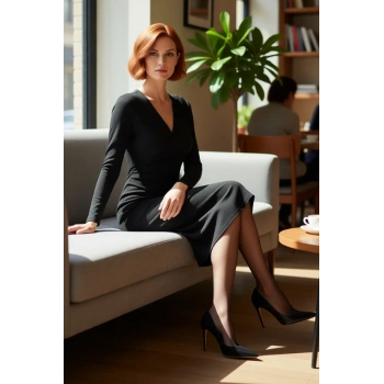 Kadın Anvelop Siluet Bodycon Kesim Midi Boy Uzun Kollu V Yaka Scuba Krep Kışlık Elbise Zarif Stil