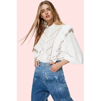 Kadın Aplike Detaylı Balon Kol Uzun Kollu Pamuk Gömlek Günlük Şıklık Yaz Aylarının Vazgeçilmezi