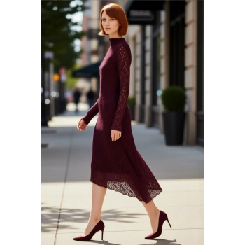 Kadın Asimetrik Kesim Bodycon Örme Dantel Dokulu Uzun Kollu Maxi Dik Yaka Elbise Kaliteli Şık