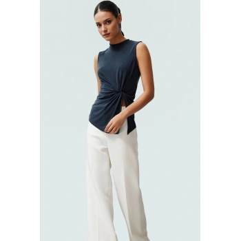 Kadın Asimetrik Kolsuz Örme Bluz Modal Polyester Günlük Şık Özenle Seçilmiş Kaliteli İşçilik