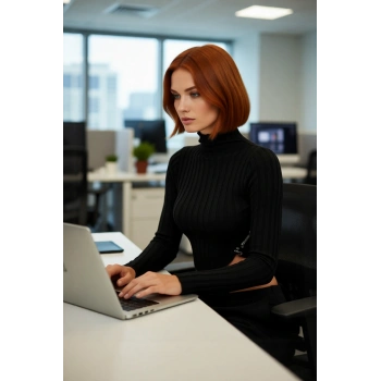 Kadın Asimetrik Süper Crop Triko Uzun Kollu Dik Yaka İnce Kazak Gündüzden Geceye Kış Şıklığı