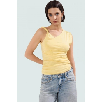 Kadın Asimetrik Yaka Büzgülü Örme Bluz Rahat Günlük Stil Trend Tasarım Şık Görünüm