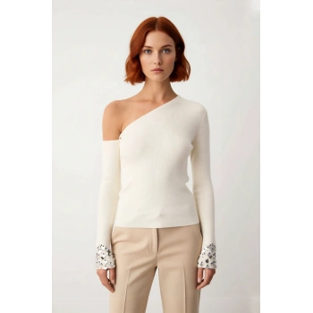 Kadın Asimetrik Yaka Düşük Kol Uzun Kollu Payetli Detaylı Triko Kazak İlkbahar Sonbahar Şıklığı