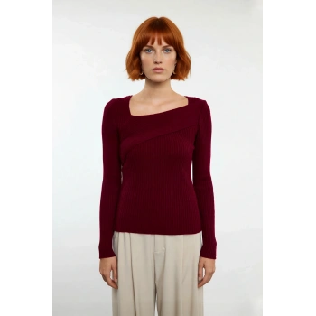 Kadın Asimetrik Yaka Fitilli Triko Kazak Fitted Kalıp Uzun Kollu Basic Şık Günlük Kombinler İçin