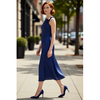 Kadın Asimetrik Yaka Kolsuz Maxi Elbise Saten Dokuma Şık A Kesim Tasarım Özel Davetler İçin.